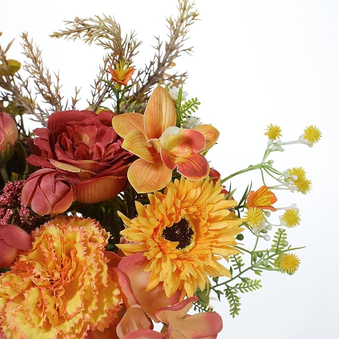 Artificial Orange Carnation and Orchid Flower Arrangement in White Ceramic Vase with Gold Stand (Orange)