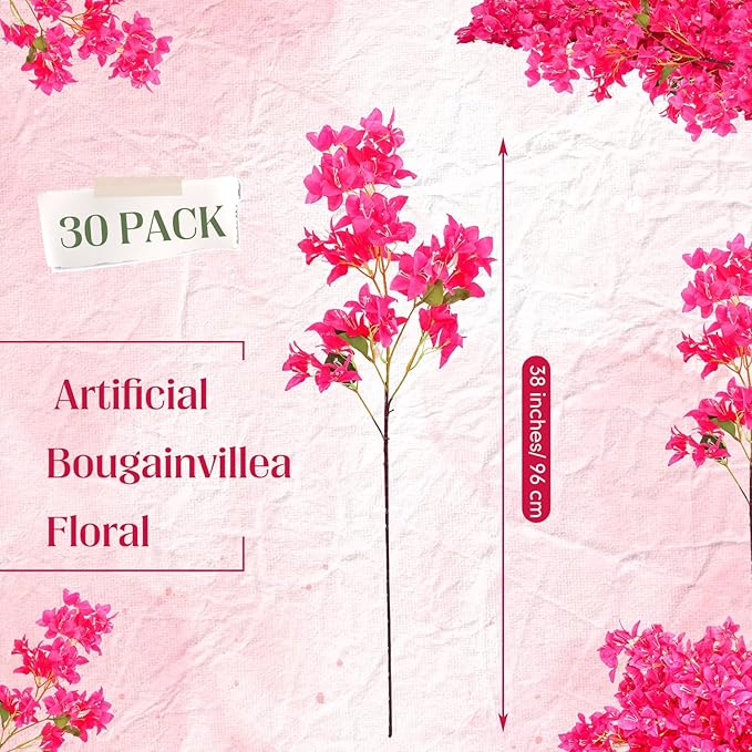 30 Pack Artificial Bougainvillea Floral 38" Silk Long Stem Bougainvillea Plants Hanging Table Centerpiece for Home Wedding Indoor Outdoor Decorations (Rose Red)