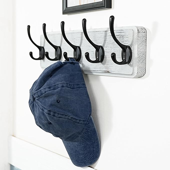 WEBI Coat Rack Wall Mounted,Coat Hooks Wall Mount,16" Hole to Hole,Large Coat Hanger Wall,5 Hooks for Hanging Coats,Hats,Jacket,Clothes,Entryway,Black/White,2 Packs