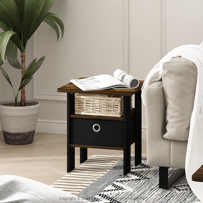 Furinno ANDREY Side Table, End Table, Night Stand with Open Shelves and Storage Bin, Bedside Table, for Living Room, Bedroom, Amber Pine