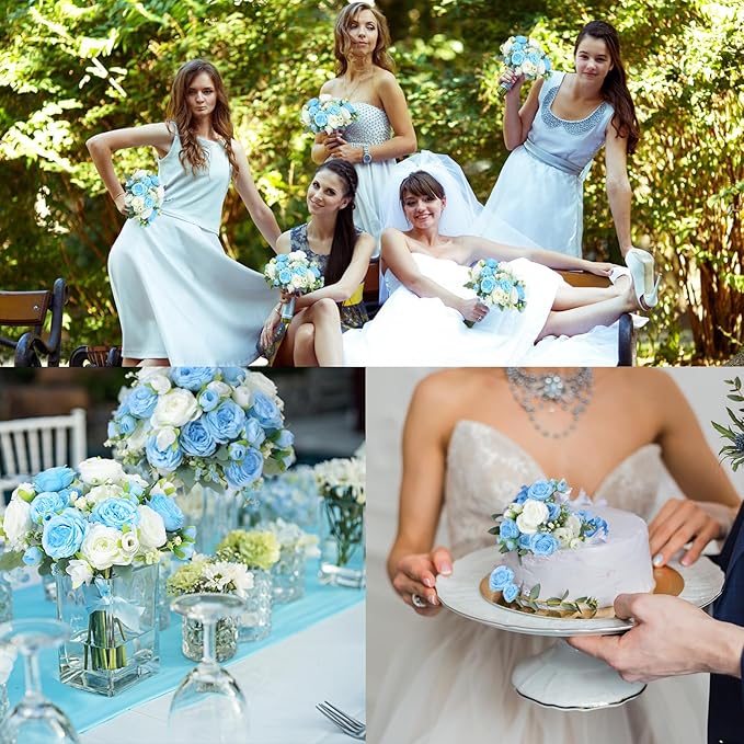 Geosar 8 Bundles Artificial Peonies Flowers Fake Silk Peony Bouquet Faux Peonies Flowers Bulk for Decoration Vase Floral Arrangements Wedding Party Table (Blue,White)
