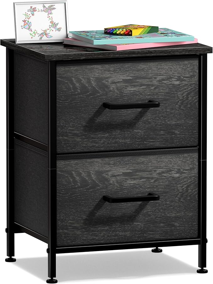 Sorbus Nightstand Dresser with 2 Faux Wood Drawers - Bedside Table Chest with Storage Bedroom, Living Room, Closet & Dorm Furniture Lamp Stand - Steel Frame, Wood Top, Easy Pull Fabric Bins