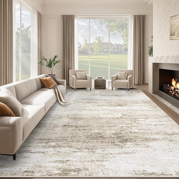 Washable Rug 9x12 Area Rugs for Living Room: Large Neutral Soft Rug Abstract Non Slip Low Pile Modern Carpet for Bedroom Kitchen Nursery Office Dining Room Indoor (Beige, 9'x12')
