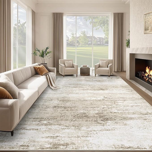 Washable Rug 9x12 Area Rugs for Living Room: Large Neutral Soft Rug Abstract Non Slip Low Pile Modern Carpet for Bedroom Kitchen Nursery Office Dining Room Indoor (Beige, 9'x12')