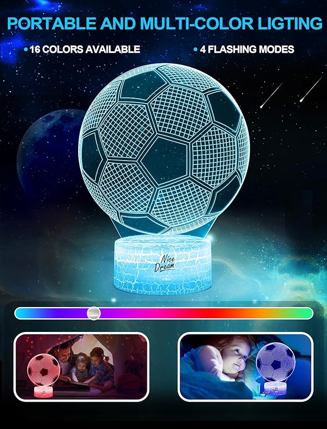 Nice Dream Soccer Night Light for Kids, 3D Illusion Night Lamp, 16 Colors Changing with Remote Control, Kids Room Decor, Toys Gifts for Children Boys Girls