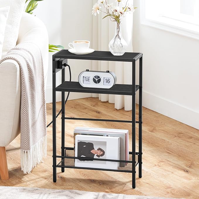 HOOBRO Small Narrow Side Table with Charging Station, Skinny End Table for Small Spaces, Slim Nightstand with USB Ports Outlet, Sofa Beside Table with Storage Shelf, Black BB102UBZ01