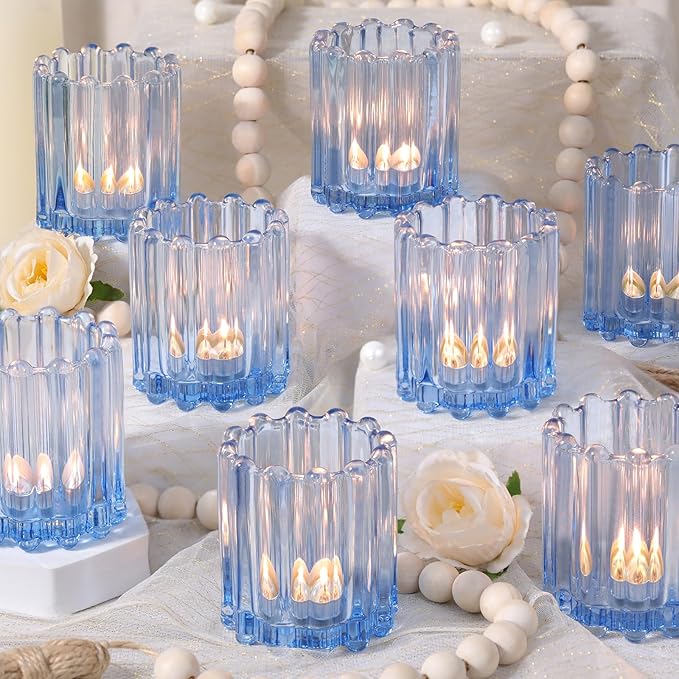 Glass Blue Votive Candle Holder, Ribbed Votive Candle Holders Set of 12, Tealight Candle Holder for Wedding Centerpieces Dinner Party Table Decor