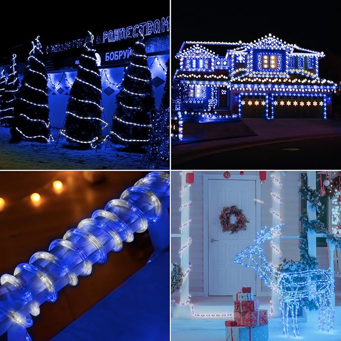 150ft LED Rope Lights Outdoor, 1080 LED Connectable and Flexible Tube Lights with 8 Modes, Waterproof LED Rope Lighting for Garden Patio Bedroom Party Pool Indoor Outdoor Christmas Decor (White&Blue)