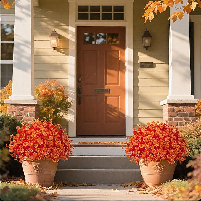 Ouddy Decor 24 Bundles Artificial Fall Flowers for Outdoors, Fake Mums Silk Flowers UV Resistant Faux Plastic Plants for Garden Porch Farmhouse Fall Autumn Harvest Thanksgiving Home Decor, Orange