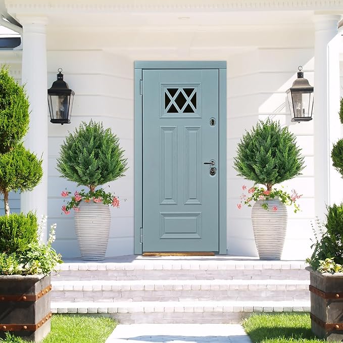 23”Artificial Cedar Topiary Ball Tree Set of 2 with Ground Spikes, UV Resistant Artificial Bushes Fake Plants for Home Front Door Offices