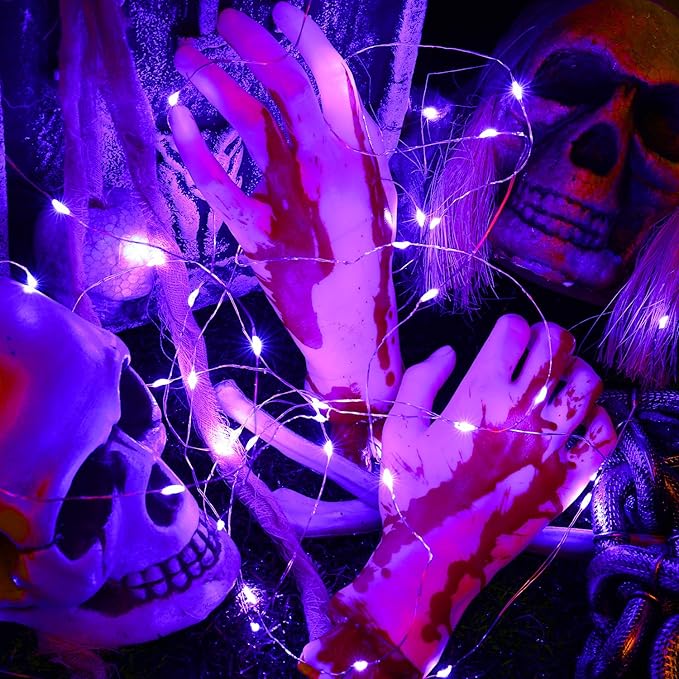 BrizLabs Purple Halloween Lights, 19.47ft 60 LED Purple Fairy Lights, 2 Modes Battery Halloween String Light, Indoor Silver Wire Battery Twinkle Light for Christmas Party Carnival Home Wedding Decor