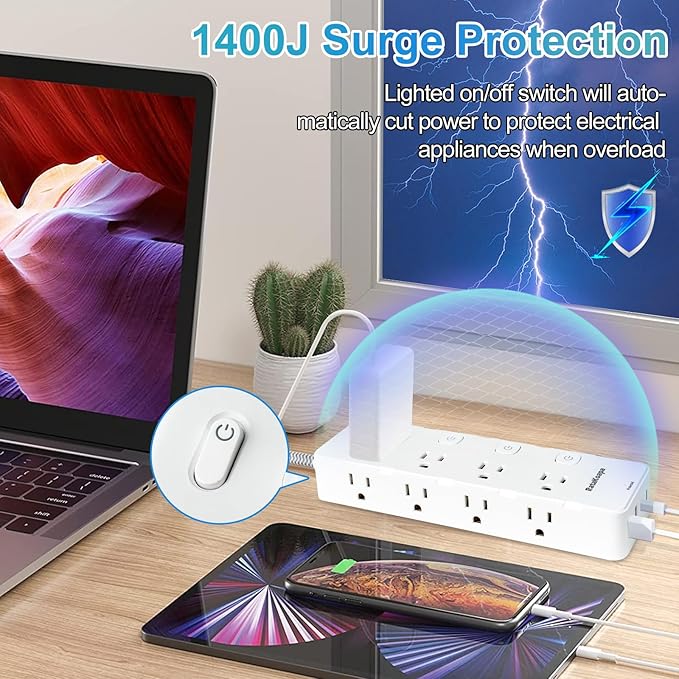 10 Ft Surge Protector Power Strip - 8 Widely AC Outlet 4 USB Ports(2 USB C), Flat Plug Extension Cord with Multiple Outlets, Individual Switches, Desk Extender for Dorm, Home, Office Essentials, 1400J