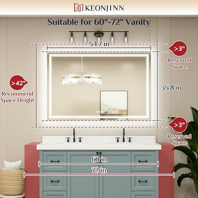 Keonjinn 55 x 36 Inch Bathroom LED Mirror, Oversized Lighted Bathroom Mirror, UL Listed LED Driver, HD Tempered Glass, Easy Installation, Anti-Fog, Memory Dimmable 6000K, CRI 90+(Horizontal/Vertical)