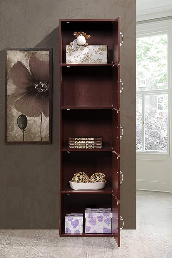 Hodedah 5-Shelf, 5-Door Bookcase in Mahogany