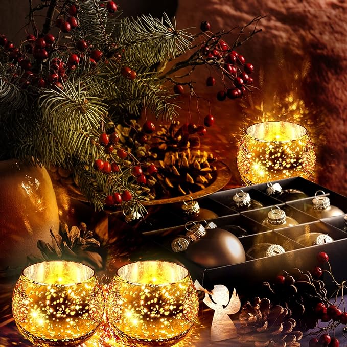 Rtteri 12 Set Votive Candle Holders Wedding Centerpiece Table Decorations Speckled Mercury Glass Votive Candle Holders with Tea Lights Birthday Party Decorations for Home (Gold)