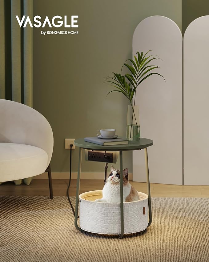 VASAGLE LILEA Collection - Side Table with Charging Station, Round End Table with Fabric Basket, LED Nightstand with USB Ports, Modern, for Living Room, Forest Green and Cream White ULET227C01