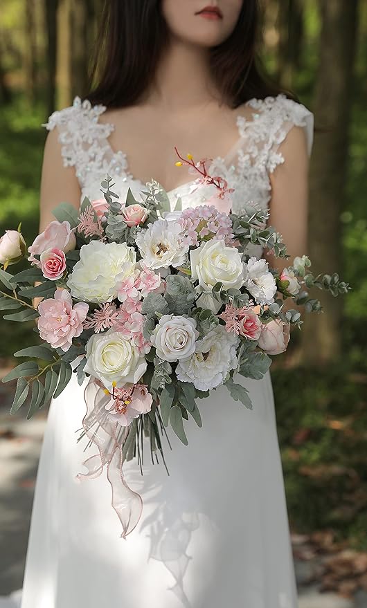 Artificial Flowers Combo Silk Mix Fake Flowers Leaf for DIY Wedding Bouquets Floral Centerpieces for Tables Party Baby Shower Home Decorations(Pink White)