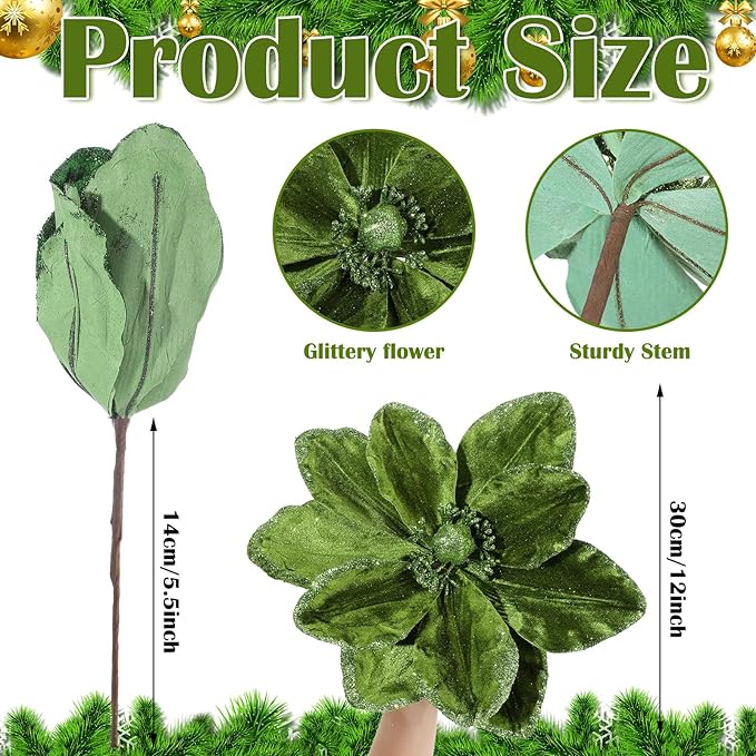 8 Pcs Large Christmas Flower Magnolia Flowers Christmas Tree Decoration Artificial Poinsettia Stems Velvet Xmas Ornaments for Xmas Tree Table Decor (Forest Green,12 Inch)