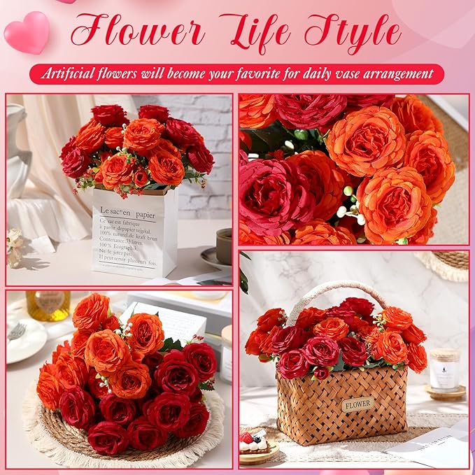 Geosar 8 Bundles Artificial Peonies Flowers Fake Silk Peony Bouquet Faux Peonies Flowers Bulk for Decoration Vase Floral Arrangements Wedding Party Table (Orange,Deep Red)