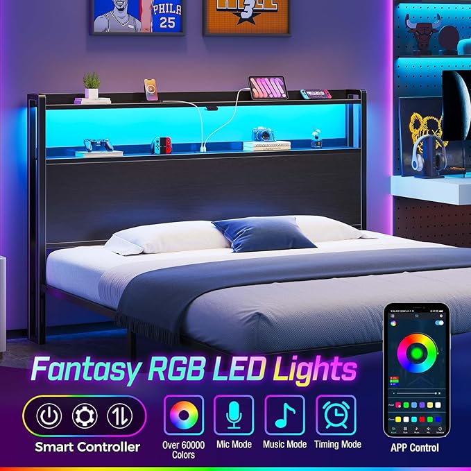 Rolanstar Headboard for King Size Bed with Storage, 60,000 DIY Color of LED Light, Head Board with USB & Type C Port, Height Adjustable, Black Cabeceras de Cama Comfortable Modern, Wood