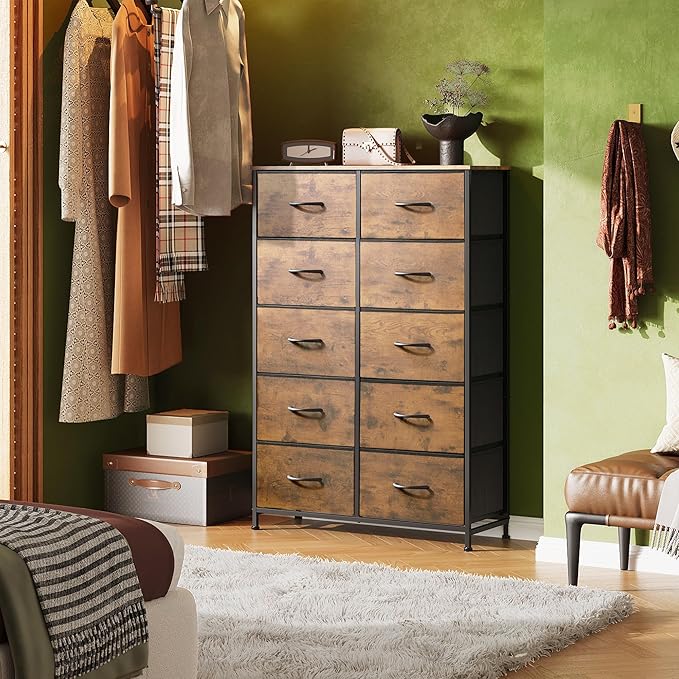 WLIVE Tall Dresser for Bedroom with 10 Fabric Drawers, Organizer Units for Closet, Storage Tower with Cabinet, Metal Frame, Rustic Brown Wood Grain Print Dressers