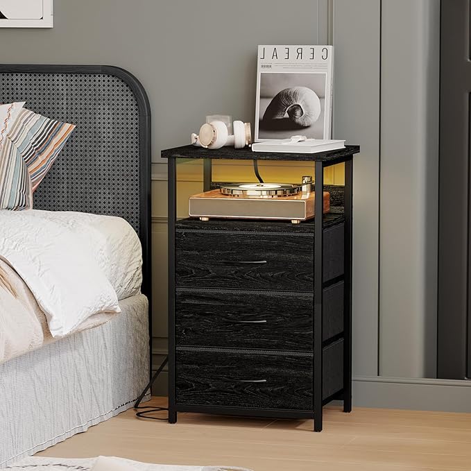 Fixwal Night Stand with Charging Station, LED Nightstand with Fabric Drawers, End Table with PU Finish, Bed Side Table, Black Oak