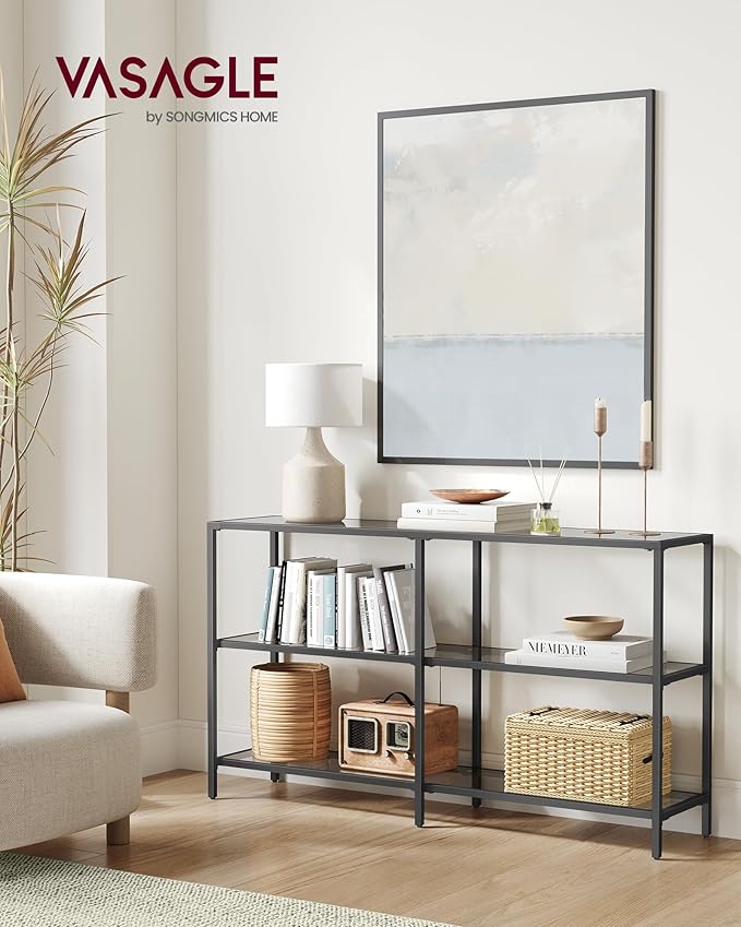 VASAGLE 51.2 Inch Console Table with 3 Shelves, Sofa Tables, Modern Entryway Table, Metal Frame, Tempered Glass Shelf, Entryway Living Room Bedroom, Classic Black and Slate Gray ULGT024B61