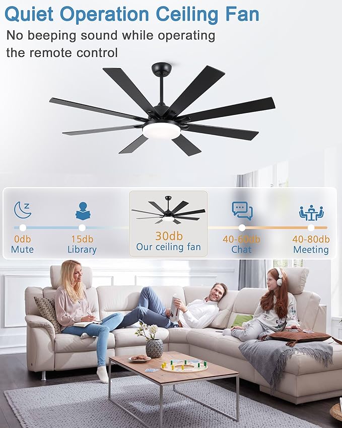 62 Inch Ceiling Fans with Lights,Large Modern Ceiling fan with Remote and 8 Wooden Blades,Dimmable,6 Speeds,Noiseless Reversible Indoor&Outdoor Fan for Bedroom,Patio,Living Room