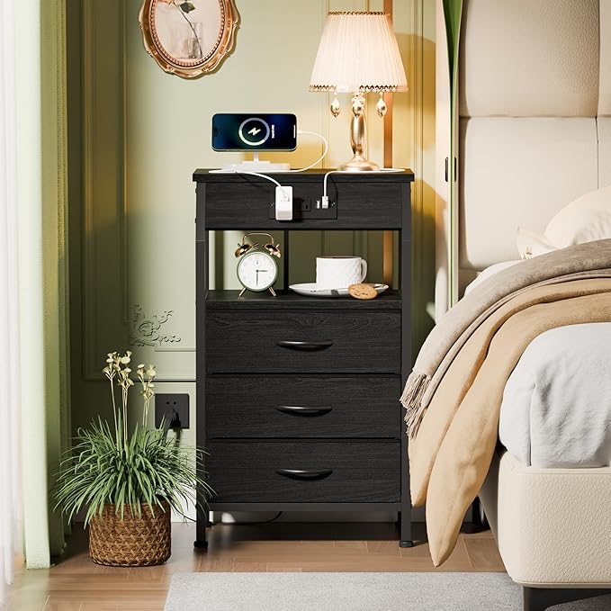 Furnulem Night Stand with Charging Station, 28.3 Inch Tall Side Table with Fabric Drawers and Storage Shelf, Bedside Table with USB Ports & Outlets, Nightstand for Bedroom, 3 Ways to Use, Black Oak