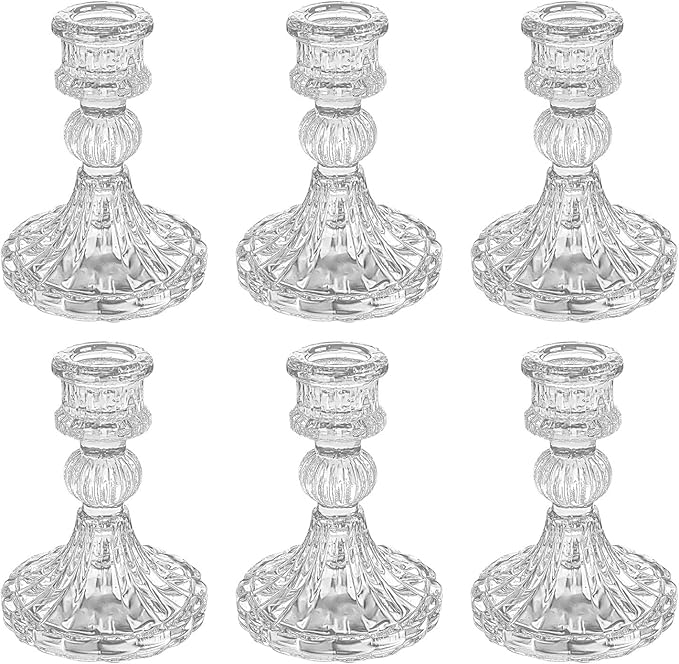 Glass Candlestick Holder,Striped Taper Candle Holders,Set of 6 Candle Stand for Table Centerpieces, Home Decor,Weddings,Festival and Parties (Clear Stripe Pattern)
