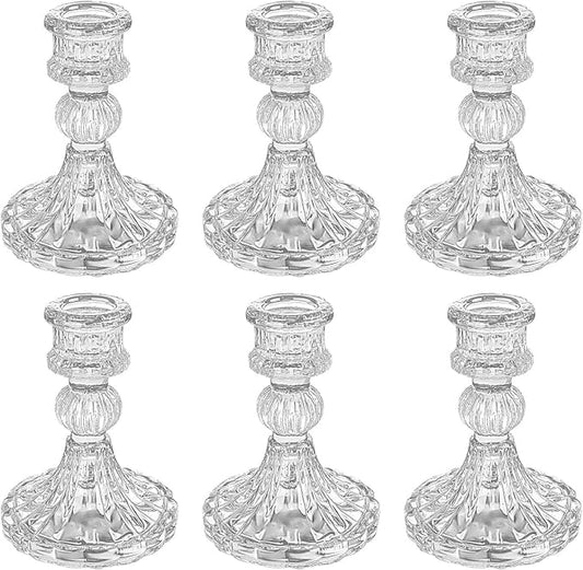 Glass Candlestick Holder,Striped Taper Candle Holders,Set of 6 Candle Stand for Table Centerpieces, Home Decor,Weddings,Festival and Parties (Clear Stripe Pattern)
