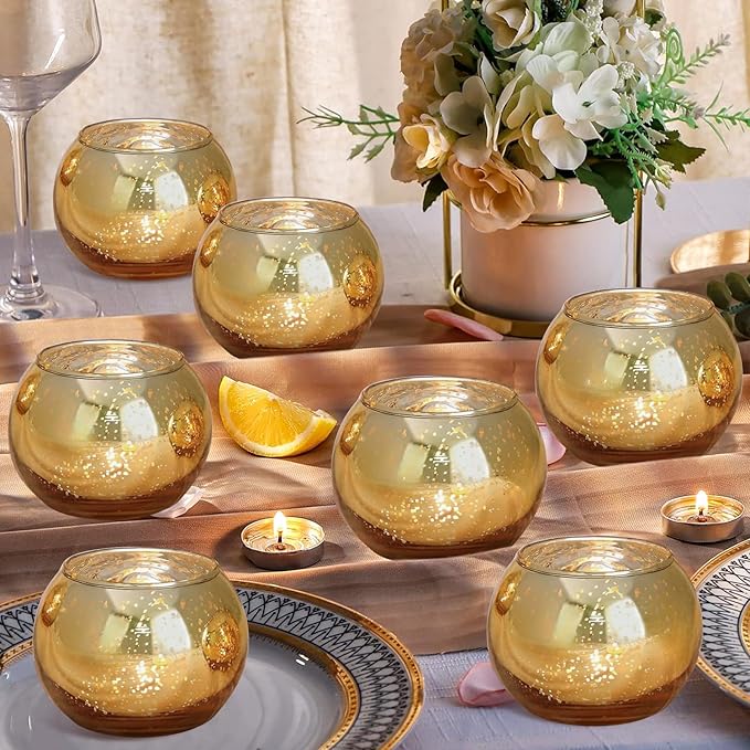 12pcs Gold Round Votive Candle Holders,Glass Gold Mercury Glass Votive Candle Holders Round Tealight for Christmas Decoration, Table Centerpieces, Weddings, Shower Gift