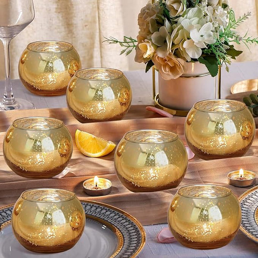 12pcs Gold Round Votive Candle Holders,Glass Gold Mercury Glass Votive Candle Holders Round Tealight for Christmas Decoration, Table Centerpieces, Weddings, Shower Gift