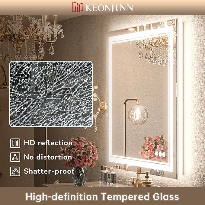 Keonjinn LED Bathroom Mirror 84" x 32" with Frontlit and Back Light, Large Tempered Glass Stepless 3 Colors Temperature & Dimmable Wall Mirror, UL Listed LED Driver, Double LED Strips, Anti-Fog Mirror