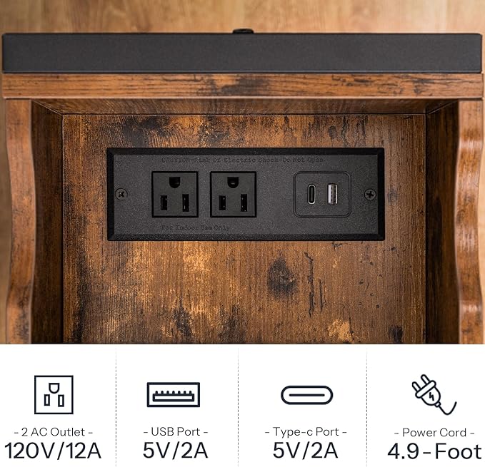 HOOBRO Set of 2 End Tables, Side Table with Charging Station, Flip Top Nightstand with USB Ports and Outlets, Bedside Tables with Shelf for Small Spaces, Living Room, Bedroom, Rustic Brown BF341BZP201