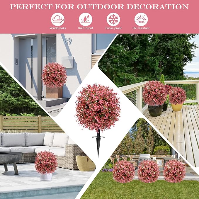 2 Pack 23” Artificial Topiary Bushes for Outdoors Fall Decorations with 7.8” Spike, Red Boxwood Ball Fake Shrubs UV Resistant Faux Plants for Indoor Outdoor Garden Entryway Front Porch Decor