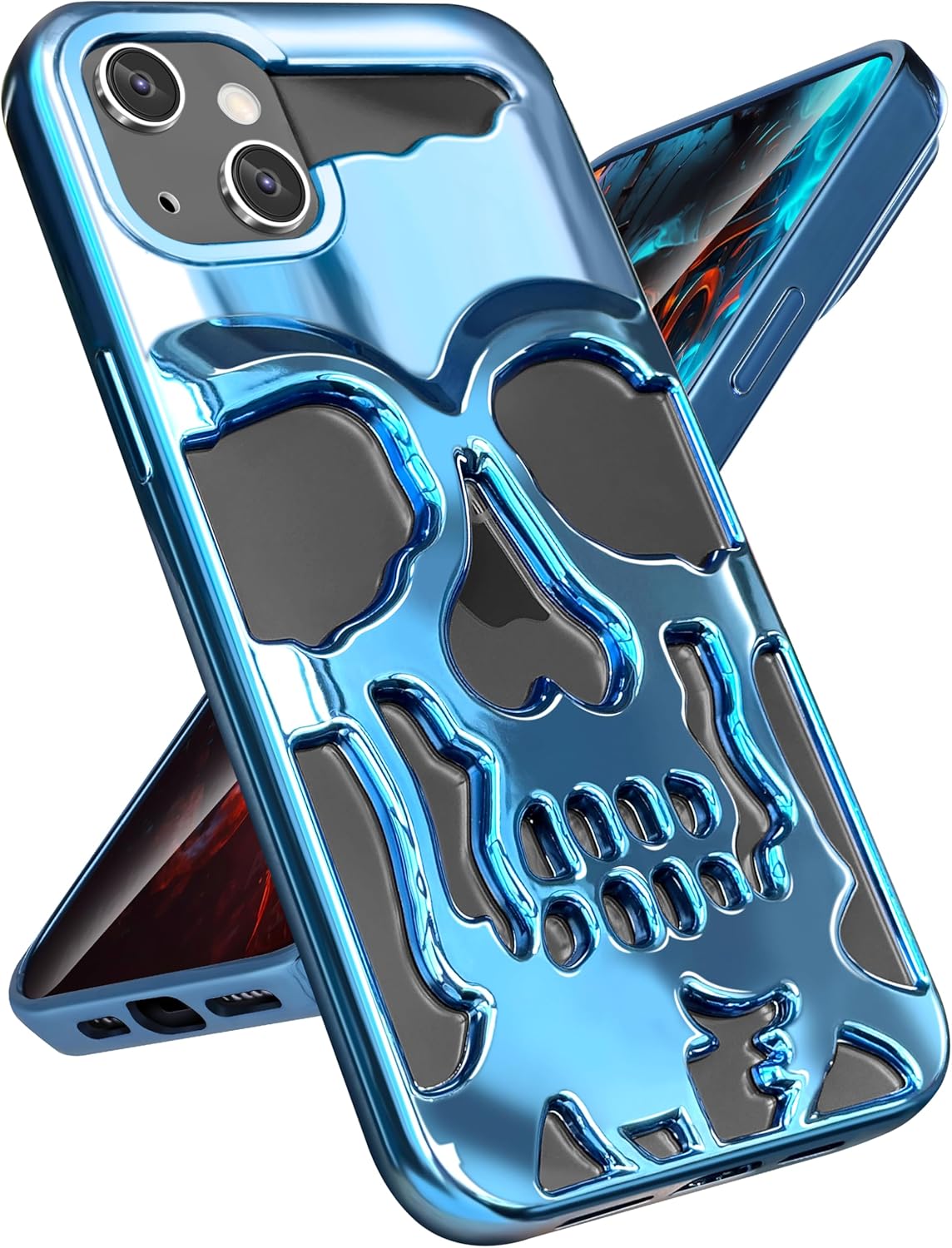 iPhone 13 Phone Case, Sierra Blue Cool Skull Skeleton Gothic Hollow Design for Men & Women