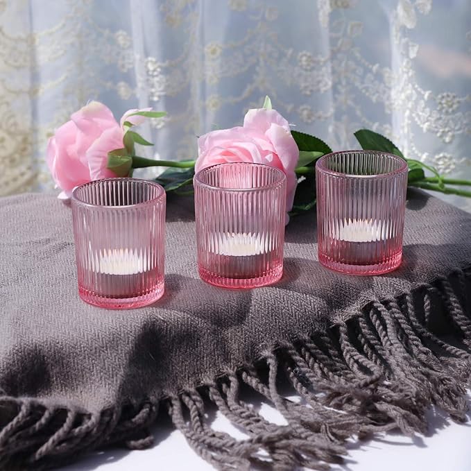 VOHO Pink Candle Holder Set of 12, Ribbed Votive Candle Holders for Pink Room Decor, Tealight Candle Holder Romantic Gifts for Valentine Christmas Decorations(2.1'' x 2.6'')