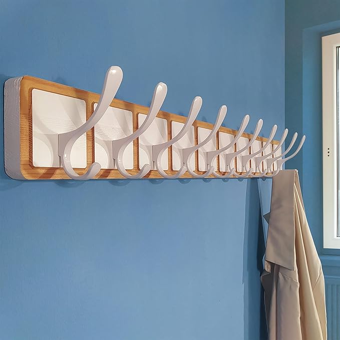 SKOLOO Coat Rack Wall Mount - Scandi-Style Wooden Carved-Block Coat Hook, Wall Coat Hanger with 10 Hooks for Hanging Coats, Hats, Clothing, Scarfs, Natural & White