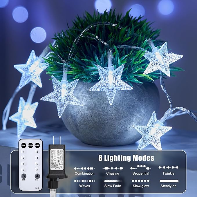 Star String Lights Plug in - 33 ft 100 LED Star Fairy String Lights with Remote and Timer, 8 Modes Waterproof for Bedroom Tent Loft Bed Window Backyard Patio Porch Balcony Staircase Party, White