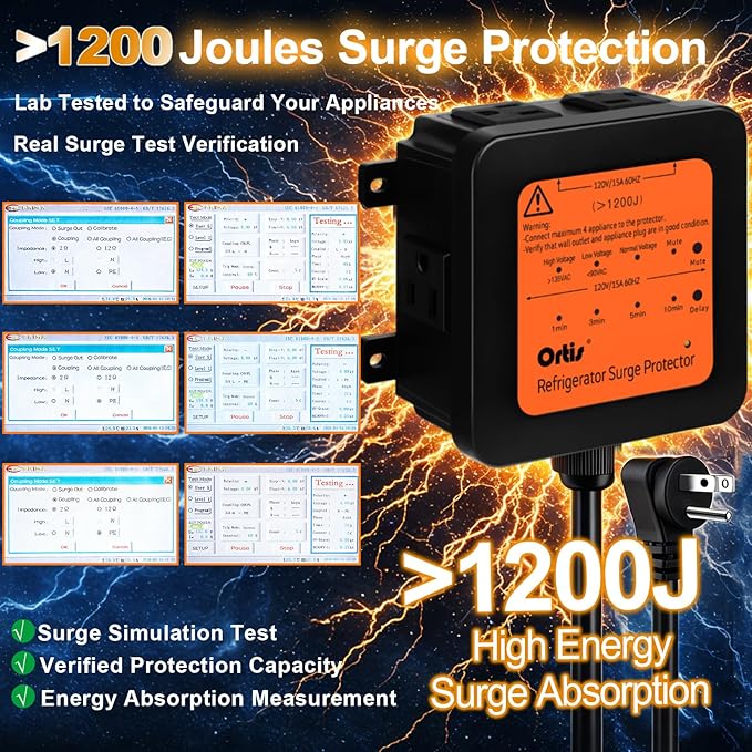 Ortis 4-Outlet Refrigerator Surge Protector, 1200J, Delay Start, Quick Reset, Audible Alarm & LED Indicators, Prevents Voltage Spikes, Surges & Power Outages, 1.3ft Cord, for 27+ cu. ft. Fridges
