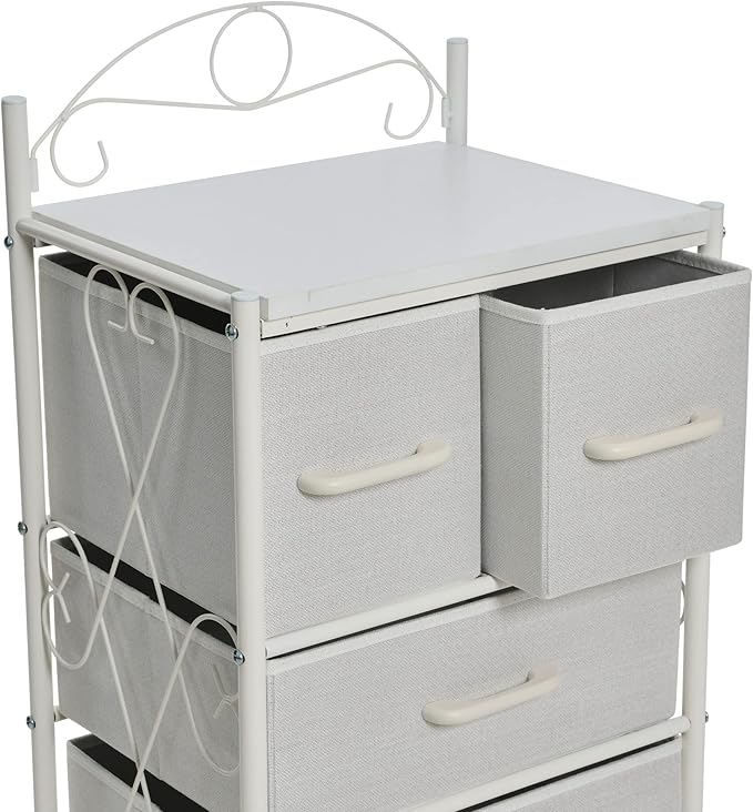 Household Essentials Victoria Dresser Nightstand Storage Organizer with 4 Drawers Metal Frame and Scandinavian White Top