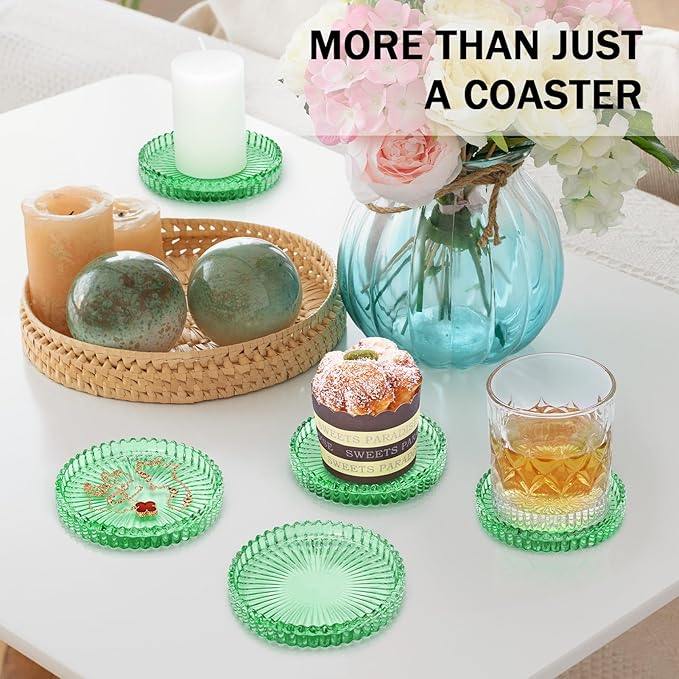Glass Candle Holders, GOH DODD Set of 8 Crystal Pillar Plates Modern Coasters for Drinks, Centerpiece, Home Decor, Kitchen, Living Room, Patio, Wedding, Halloween, Christmas, Party, Clear Green