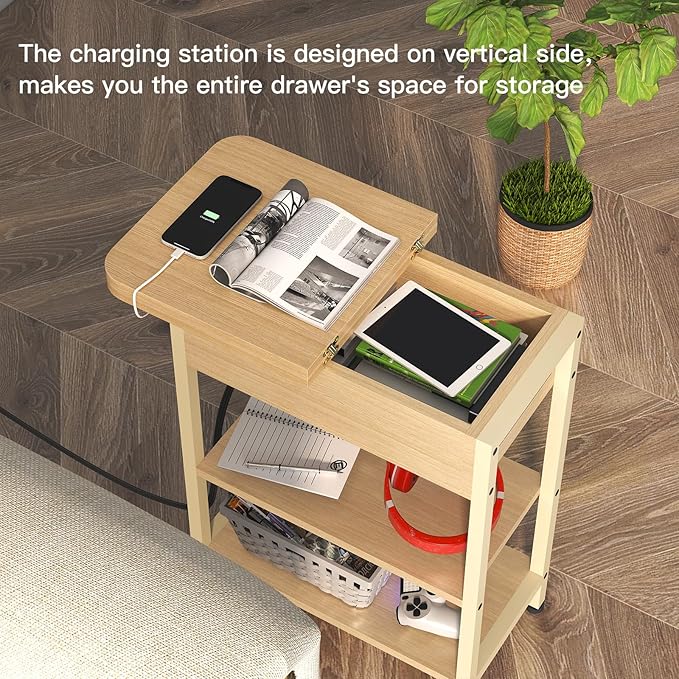 LIDYUK End Table with Charging Station, Flip Top Side Table with USB Ports and Outlets, Nightstand for Small Spaces, Bedside Tables with Storage Shelf for Living Room, Bedroom, Natural