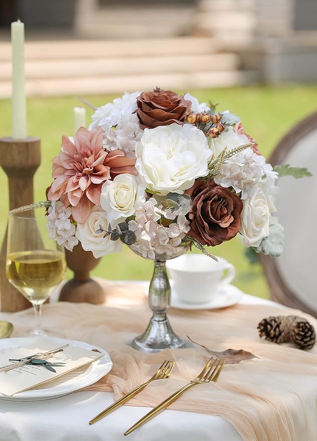 Artificial Flowers Combo Set Fake Flower Leaf for DIY Wedding Bouquets Floral Centerpieces for Tables Party Baby Shower Home Decorations(Coffee White)