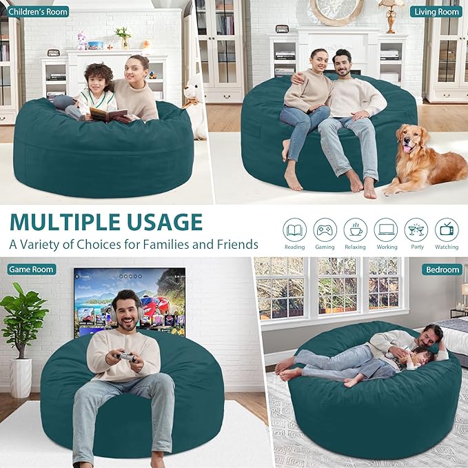 4FT Bean Bag Chair, Large Bean Bag Chairs with Memory Foam Filled, Fluffy Beanbag Sofa with Dutch Velvet Cover, Round BeanBag Chairs for Living Room, Playroom - Sea Blue