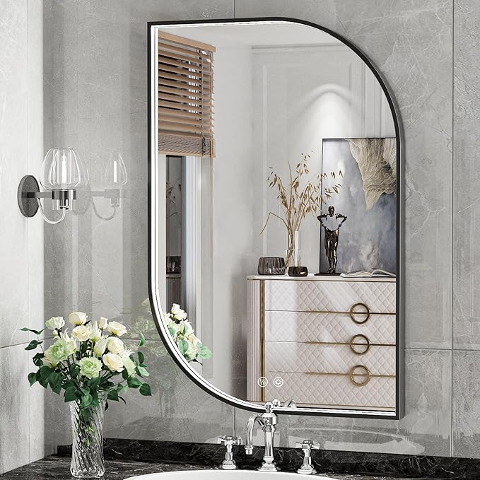 24X36 Inch LED Bathroom Mirror with Lights,Black Frame Lighted Irregular Wall Mirror,Asymmetrical Vanity Mirror,Anti-Fog,Dimmable