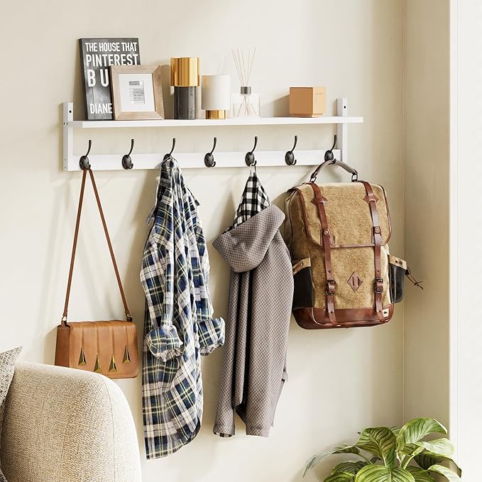 BAMEOS 35" L Wall Hooks with Shelf, Entryway Coat Hooks, Wood Wall Hanging Shelf, Wall-Mounted Coat Rack with 7 Dual Metal Hooks for Bathroom, Kitchen, Living Room, Bedroom (White)