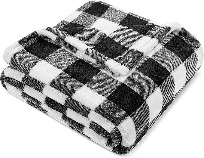 PAVILIA Black and White Buffalo Plaid Fleece Bed Blanket King Size, Soft Checkered Flannel Blanket for Sofa, Plaid Christmas Couch Throw Bed, Warm Cozy Decorative Blanket Fall Decor Gift, 90x90