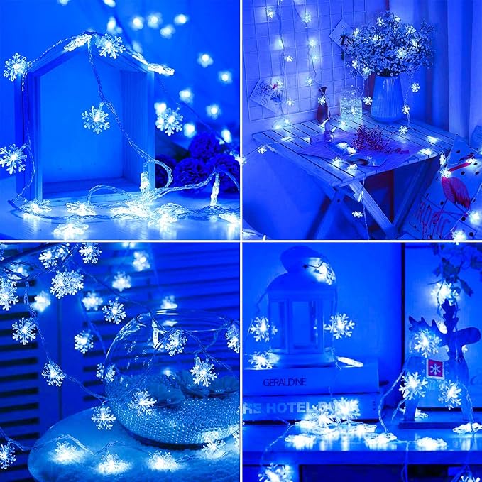 BrizLabs Blue Snowflake Lights, 40 LED 16.08ft Snow Flake Christmas String With Remote, Battery Twinkle, 8 Modes Xmas Waterproof for Outdoor Indoor Wedding Party Window Decor